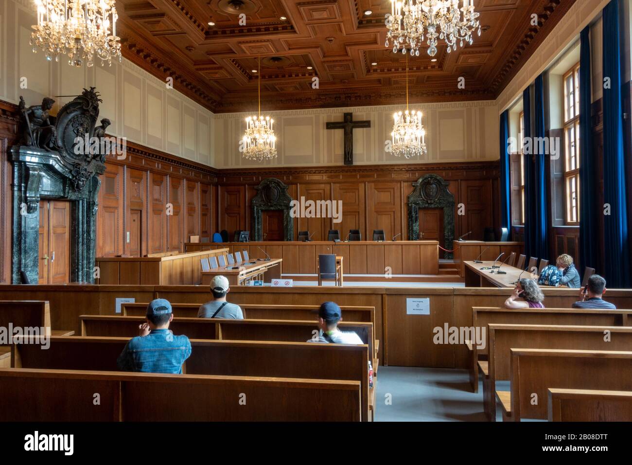 Inside the court room where the Nuremburg Trials were held, in the Memorium Nuremberg Trials, Nuremberg, Bavaria, Germany. Stock Photo