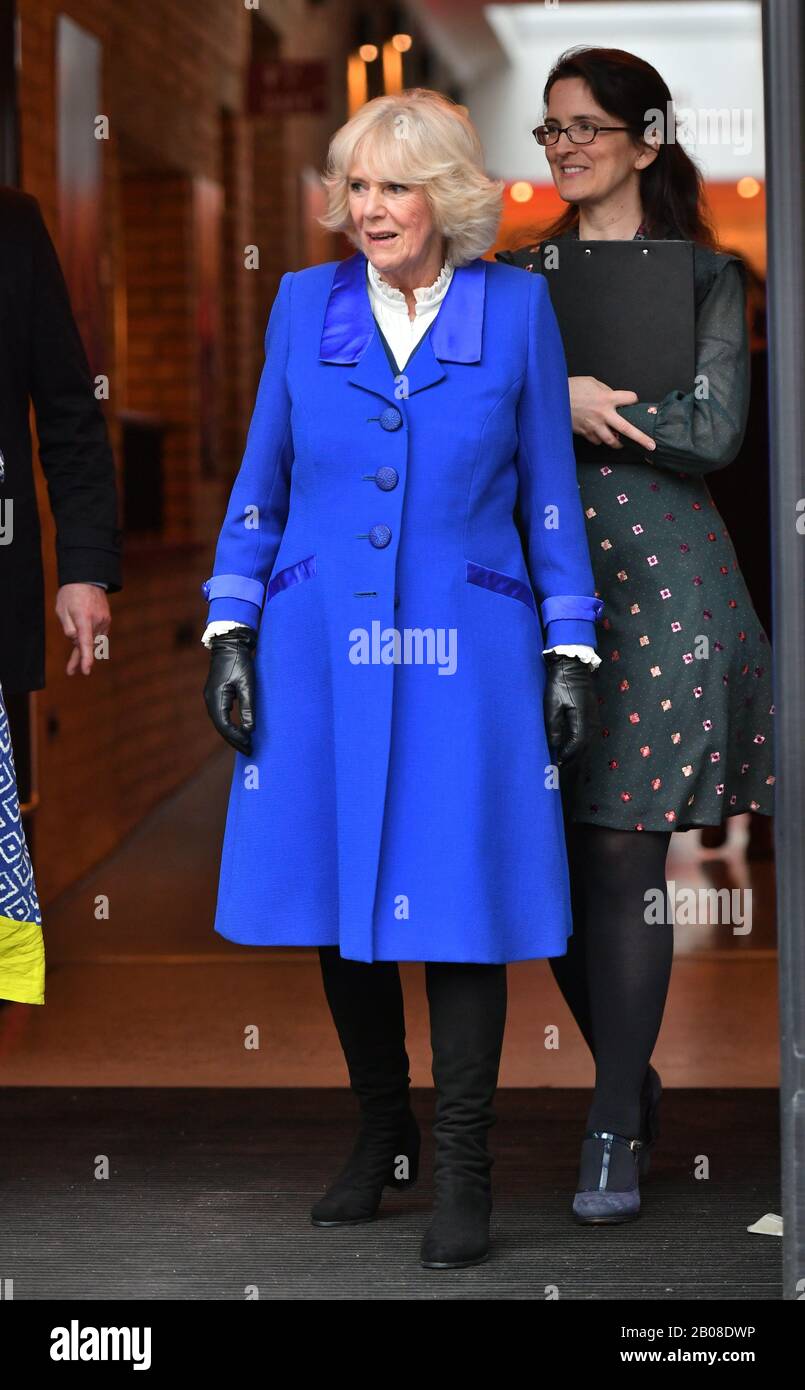 The Duchess of Cornwall leaving after a a tour of the Kiln Theatre as part of her visit to Brent, the London 2020 Borough of Culture. PA Photo. Picture date: Wednesday February 19, 2020. Photo credit should read: Dominic Lipinski/PA Wire Stock Photo