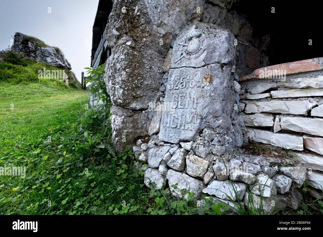 Italian army plaque of the Great War at Malga Baffelan. Campogrosso Pass, Recoaro Terme, Vicenza province, Veneto, Italy, Europe. Stock Photo