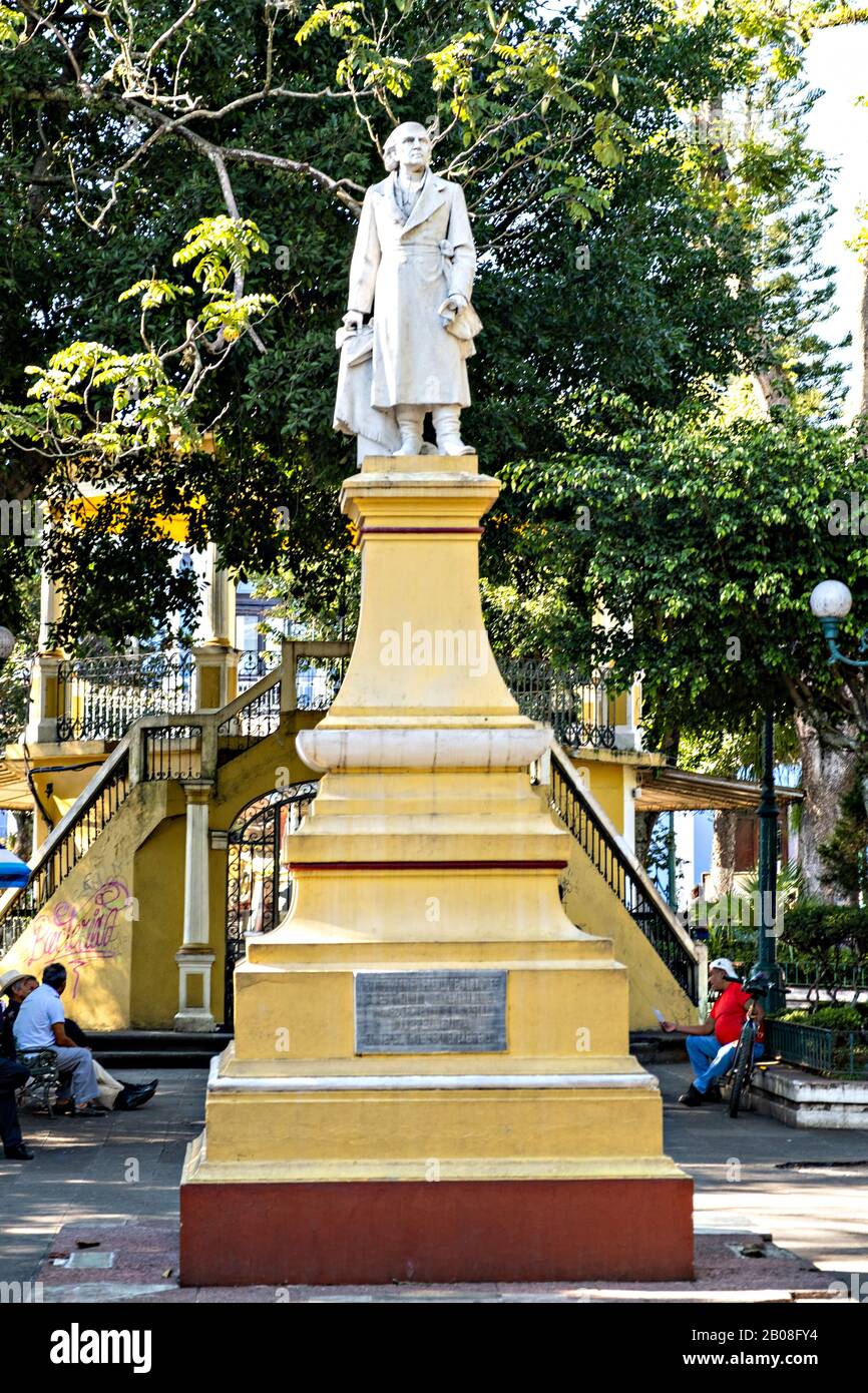 Statue of independence hero Miguel Hidalgo in Hidalgo Park in  in the central historic district of Coatepec, Veracruz State, Mexico. Stock Photo