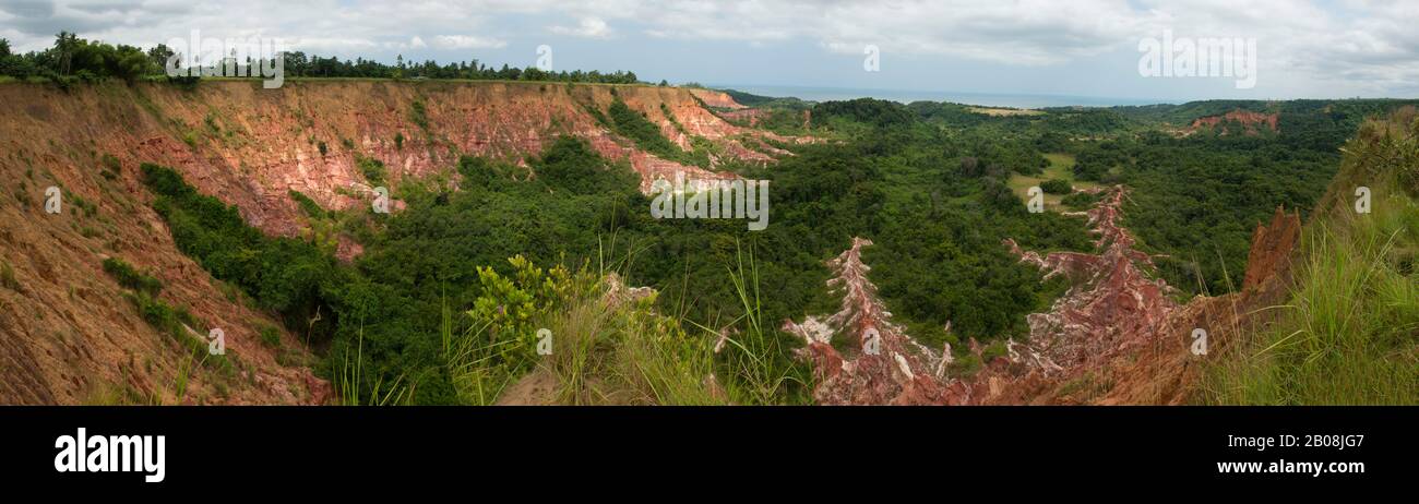 Panorama photo (48 inches x 14 inches) of Diosso Gorge near Pointe Noire which was created by erosion, Democratic Republic of Congo Stock Photo