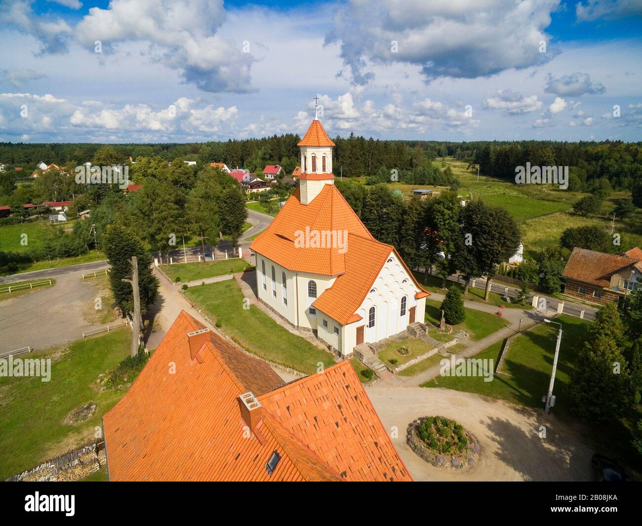 Aerial view of beautiful Saint Stanislaus Kostka Church in Pozezdrze