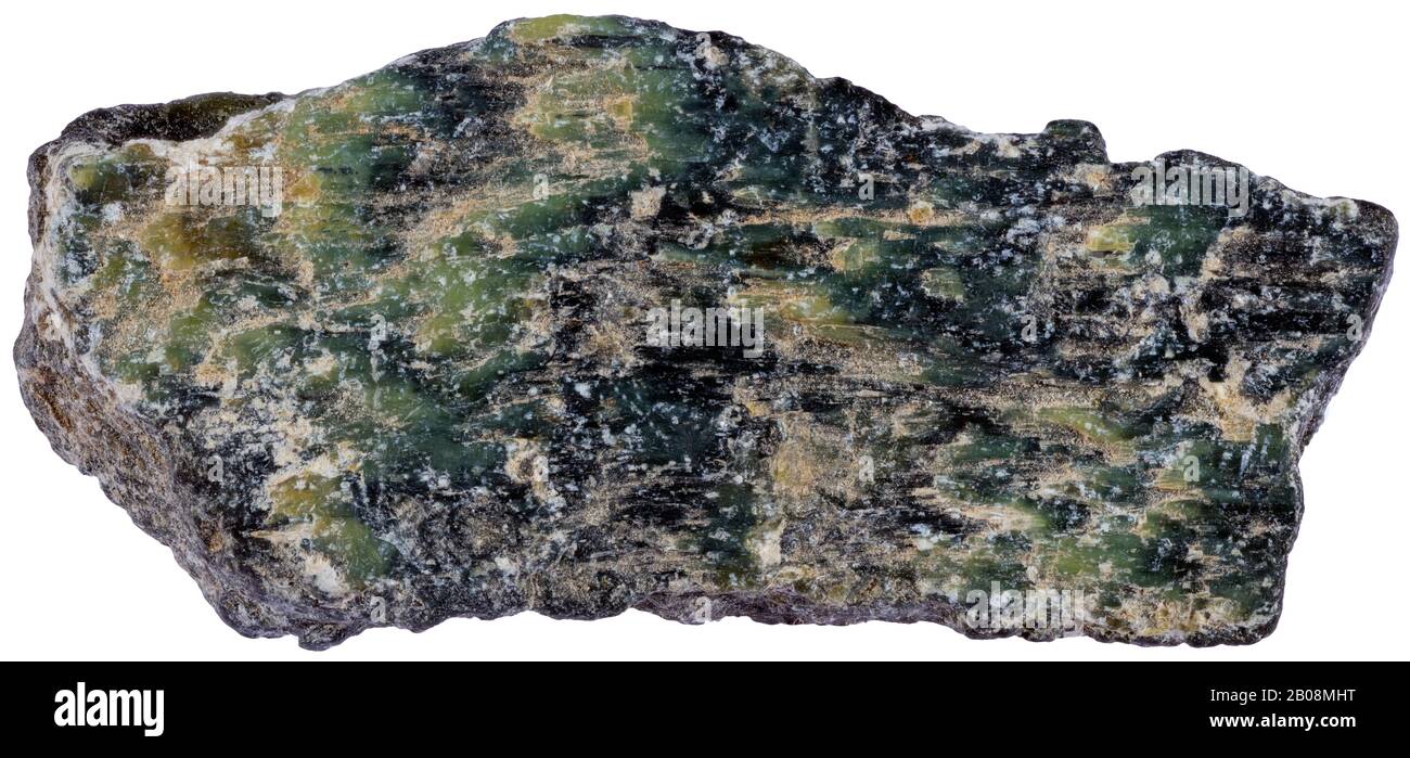 Serpentine, Estrie, Quebec Serpentinite is a rock composed of one or more serpentine group minerals;  hydrous magnesium iron phyllosilicates. Stock Photo