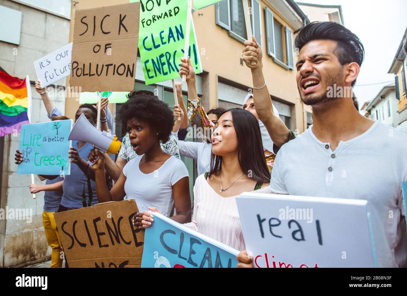 Public demonstration on the street against global warming and pollution ...