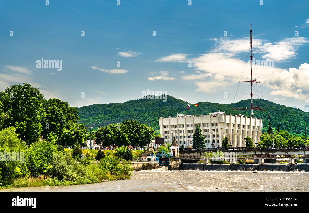 The city hall and the Terek River in Vladikavkaz, Russia Stock Photo