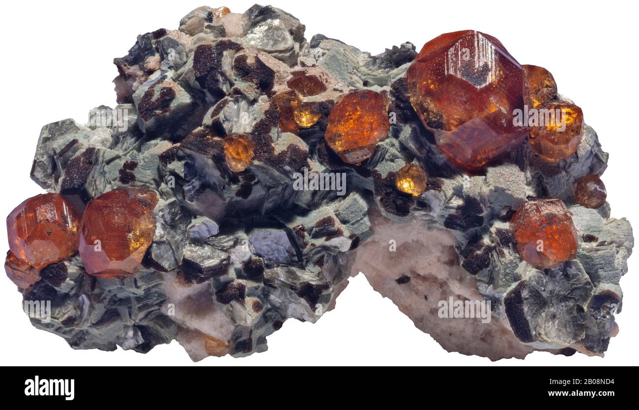 Spessartine, Wushan Mine, China Spessartine is a nesosilicate, manganese aluminium garnet species. Stock Photo