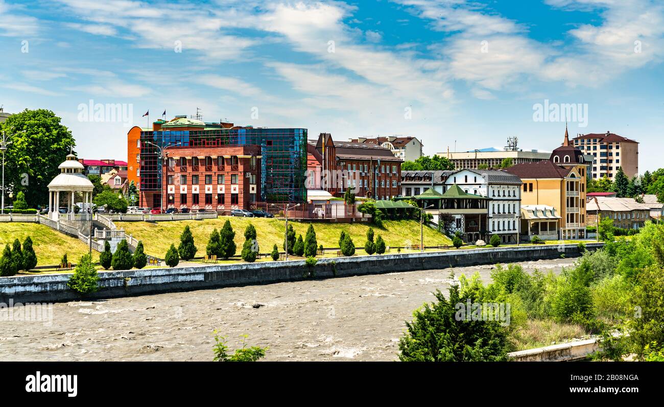 Cityscape of Vladikavkaz with the Terek river in Russia Stock Photo