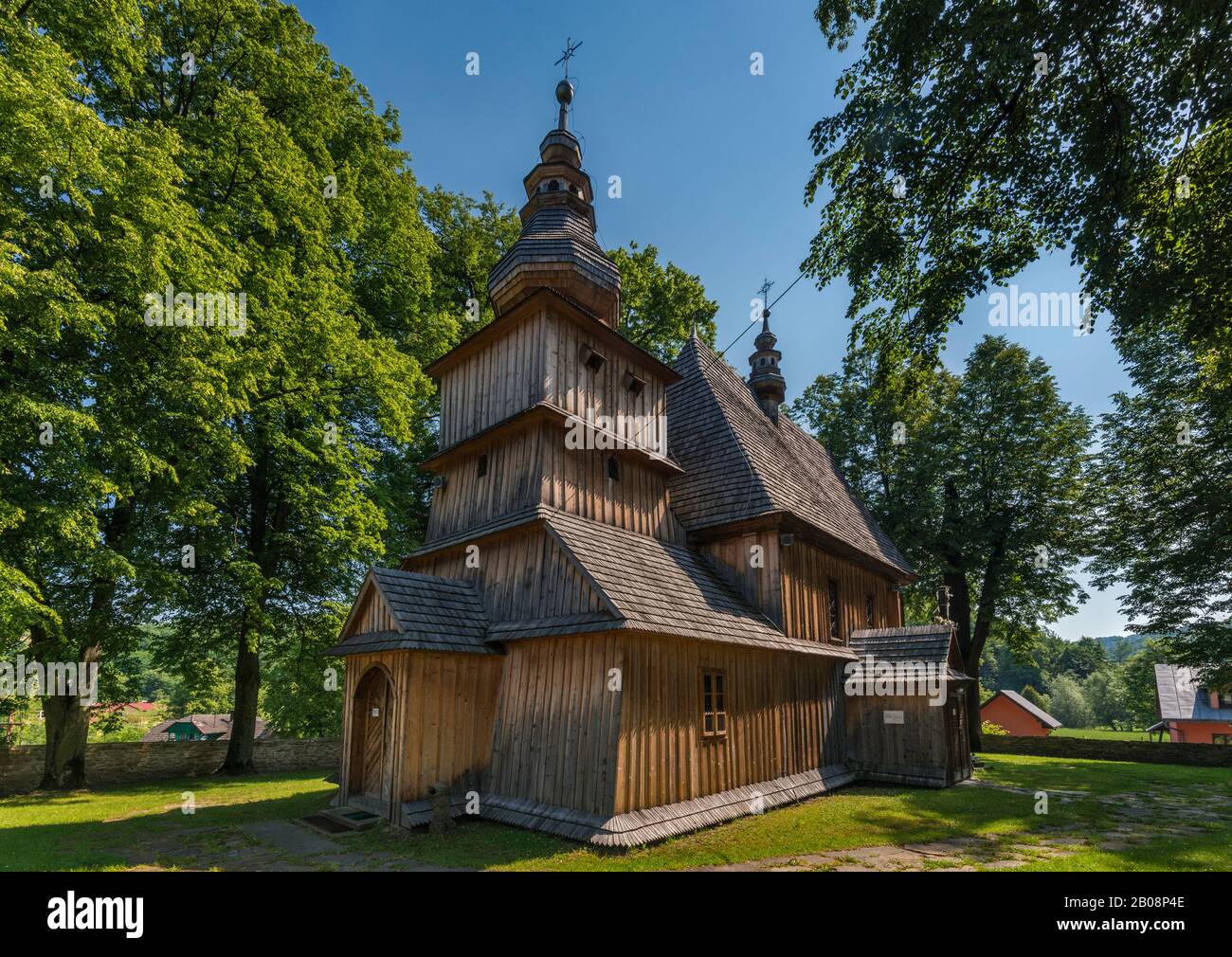 Our Lady of the Rosary Church, 1527, log building, Roman Catholic, in village of Przydonica, Roznow Foothills, Western Carpathians, Malopolska, Poland Stock Photo
