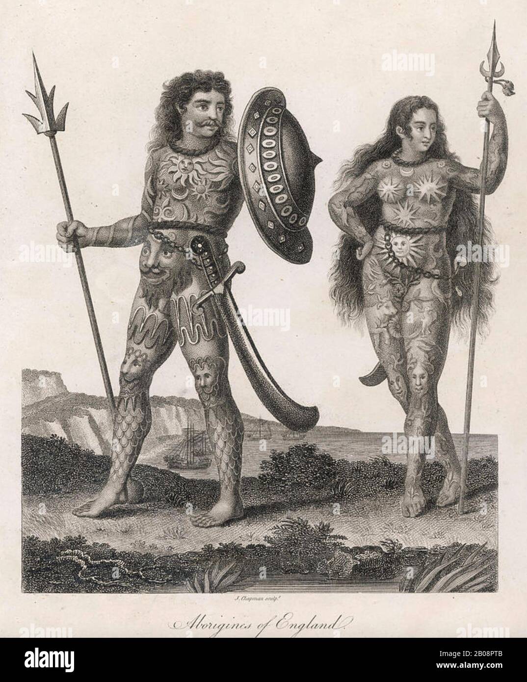 ANCIENT BRITAINS as imagined in an 18th century engraving Stock Photo