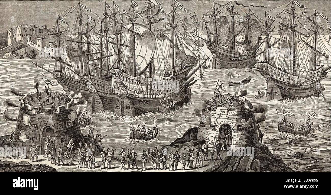 HENRY VIII (1491-1547) leaves Dover for Calais on 31 May 1520 to meet Francis I at the Field of the Cloth of Gold. Henry is shown amidships in typical pose on the deck of the second ship from the right. Stock Photo