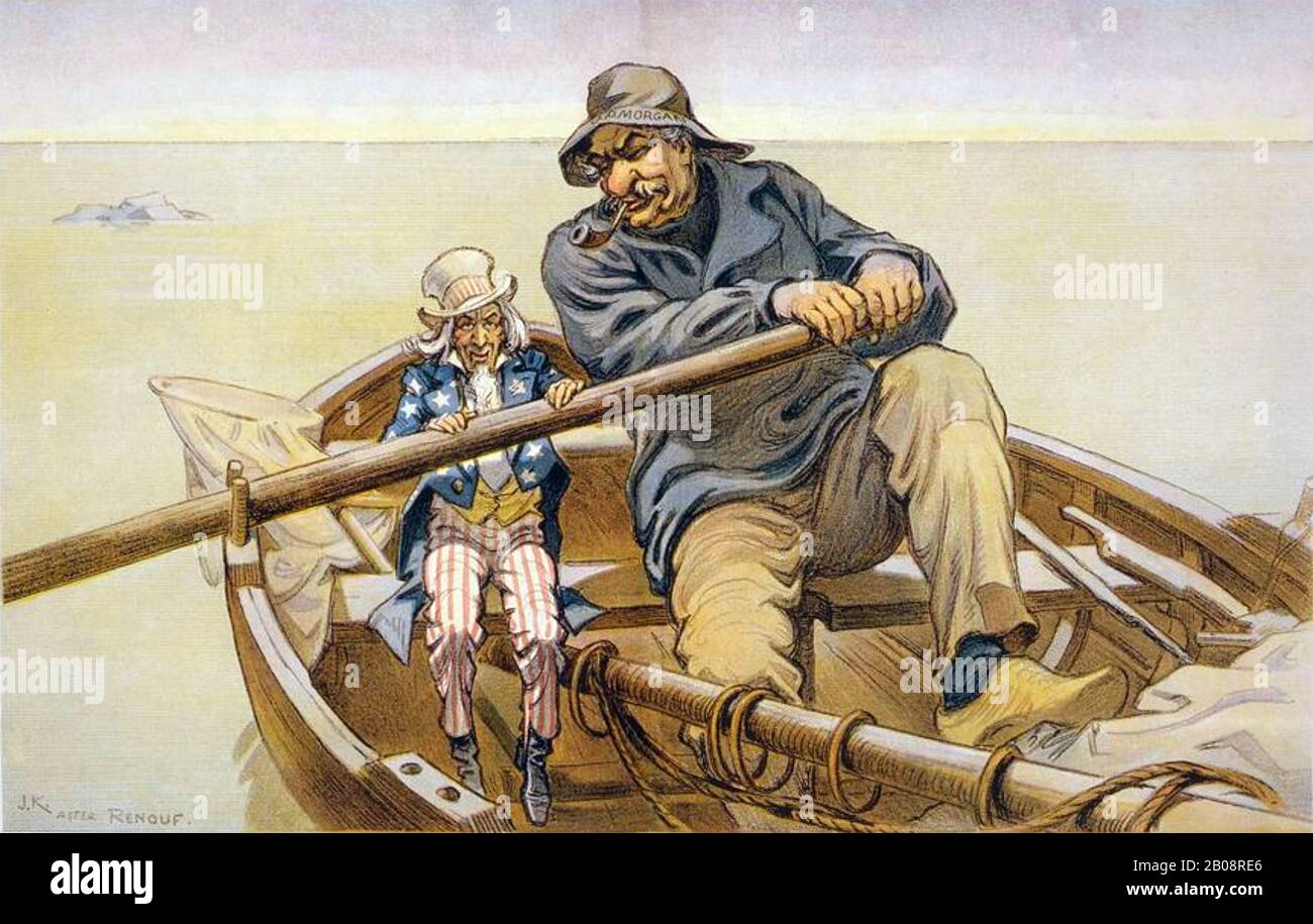 J.P.MORGAN (1837-1913) American financier and banker in a Puck magazine cartoon showing him helping Uncle Sam's economy during the 1907 Wall Street Crisis Stock Photo