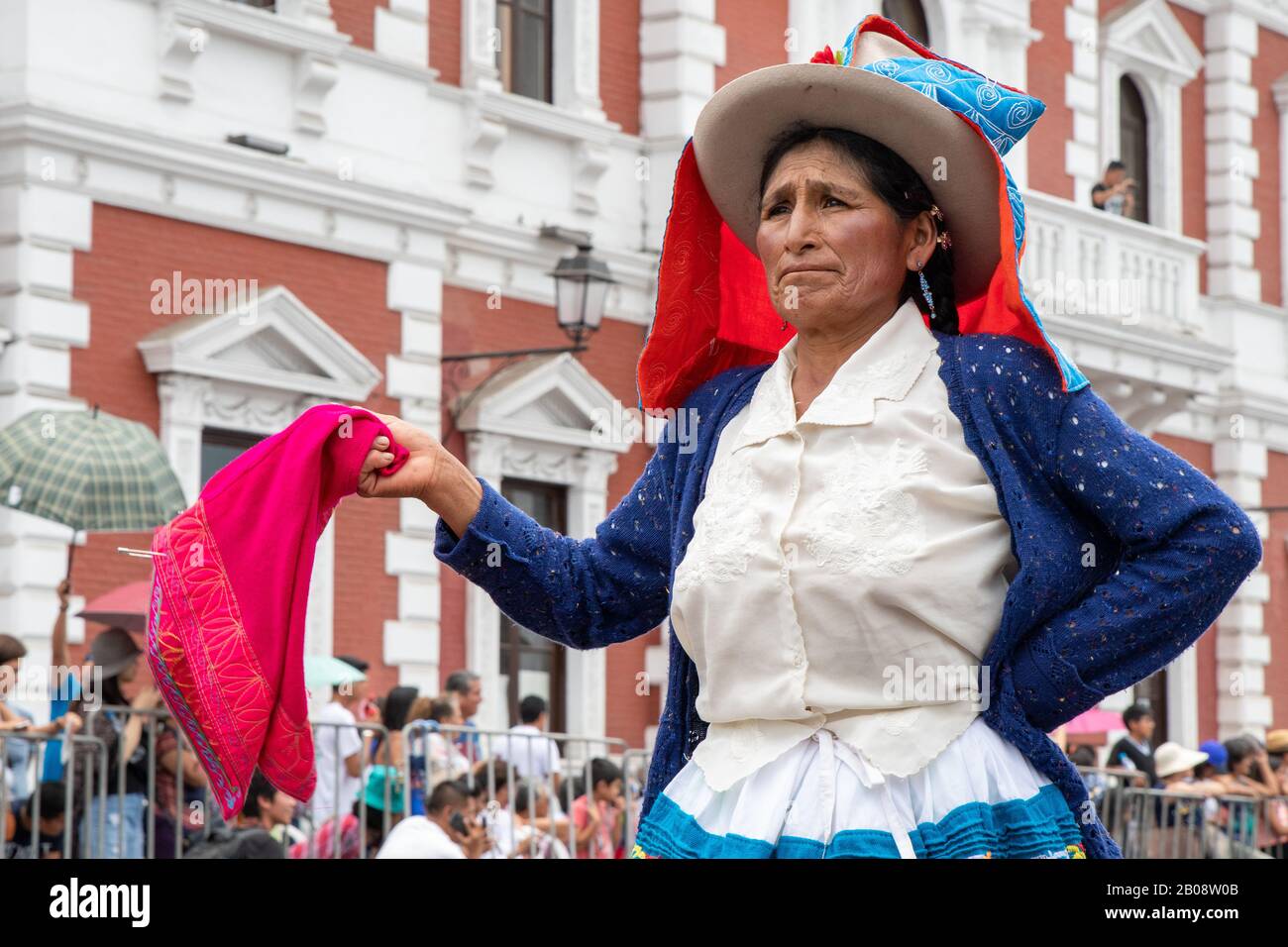 Peruvian woman in traditional costume at the Marinera dance festival parade in Trujillo Peru Stock Photo