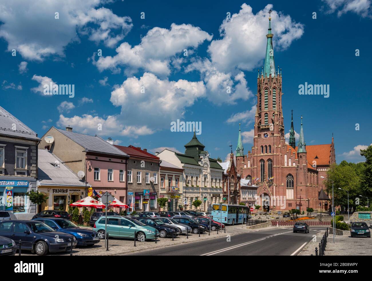 Saint Catherine Church, 1914, Neo-gothic style, Roman Catholic, at Rynek (Town Square) in Grybow, Western Carpathians, Malopolska, Poland Stock Photo