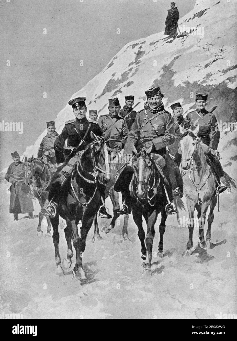 An illustration circa 1914 showing Serbian cavalry on the march during World War One.  The Serbian campaign of World War One from July 1914, resulted in three attempts by the Austria-Hungarian army to invade Serbia.  Serbia was finally conquered by combined Austria-Hungarian, German and Bulgarian armies in December 1915 Stock Photo