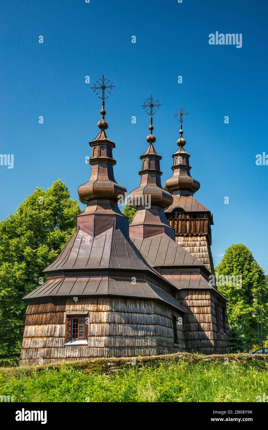 St Demetrius Church, log building, Greek Catholic, currently Roman Catholic, in village of Szczawnik, Beskid Sadecki, Malopolska, Poland Stock Photo
