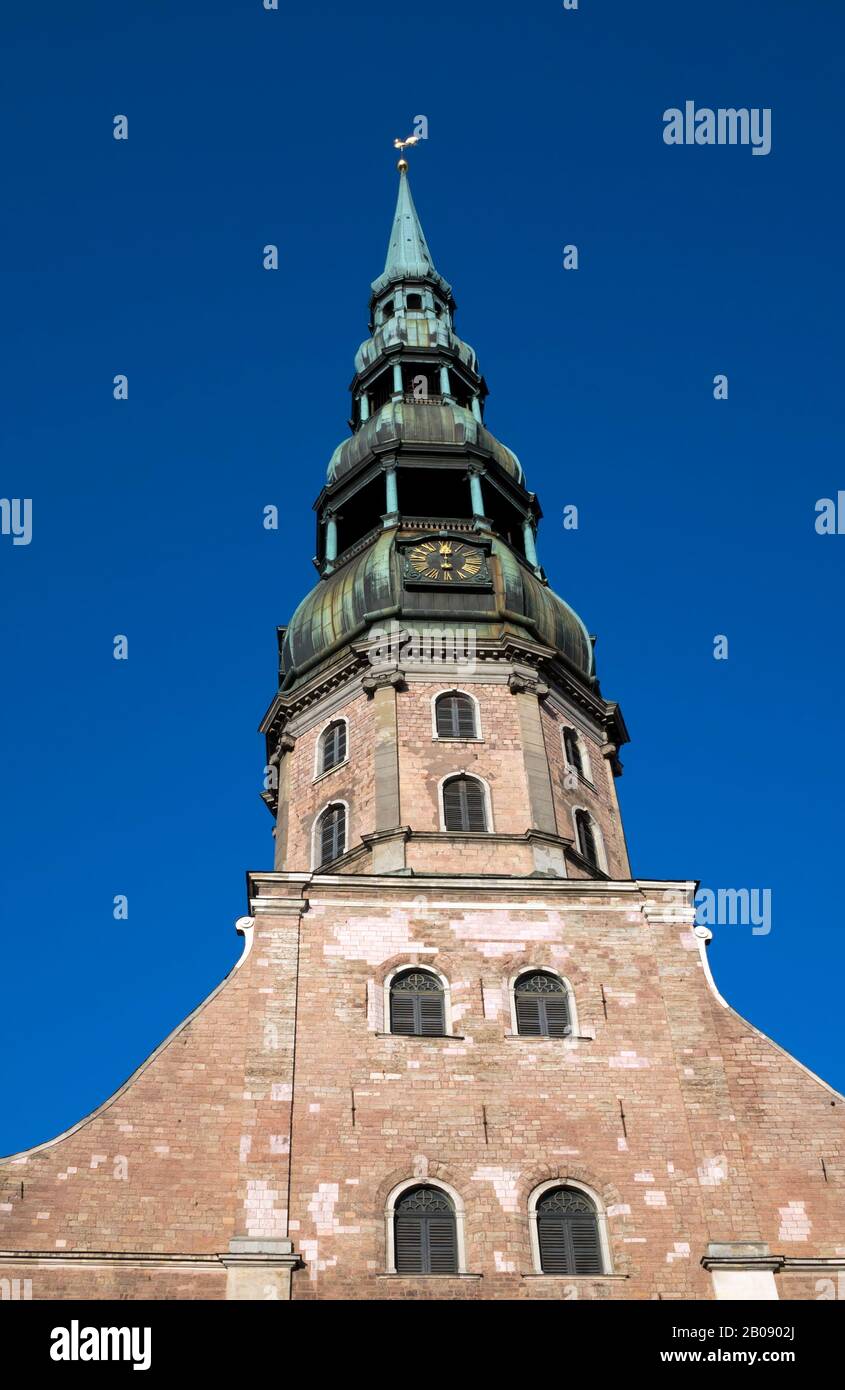 Bell tower steeple of St. Peter's Church in Riga, Latvia Stock Photo