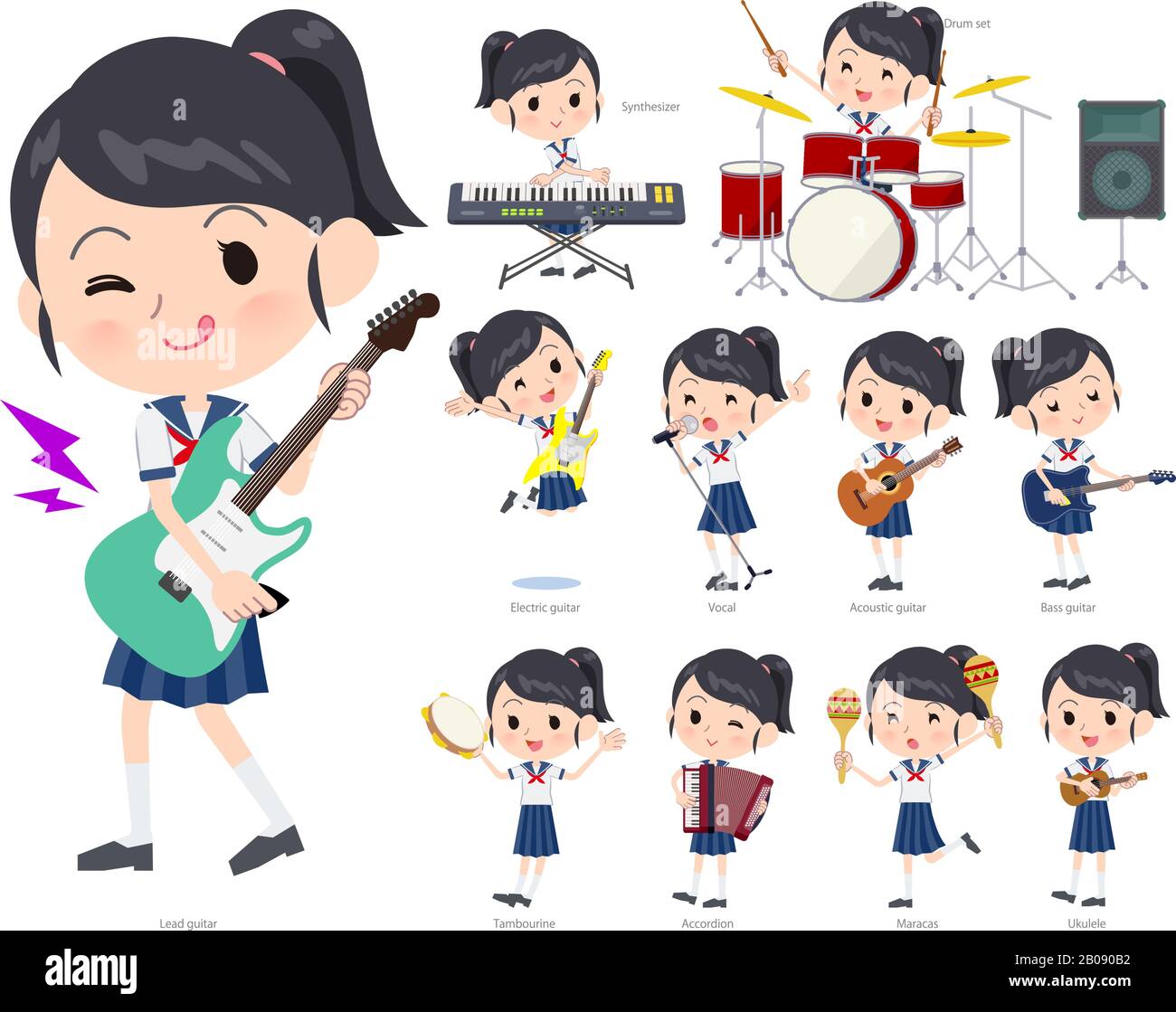 A set of sailor suit girl playing rock 'n' roll and pop music.There are ...