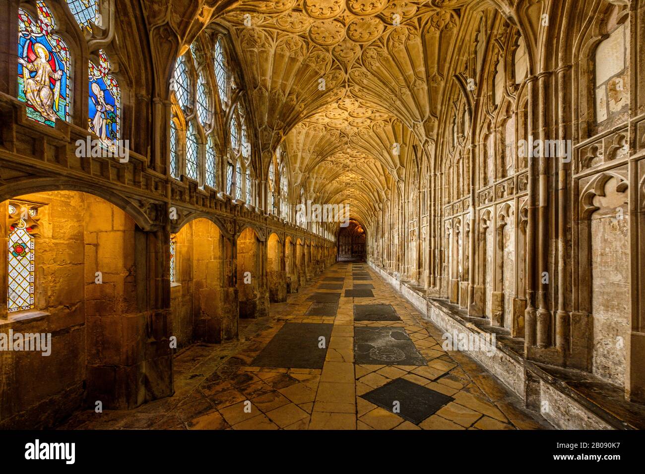 Gloucester Cathedral Cloisters have wonderful fan vaulted ceilings dating from the 14th Century. Stock Photo