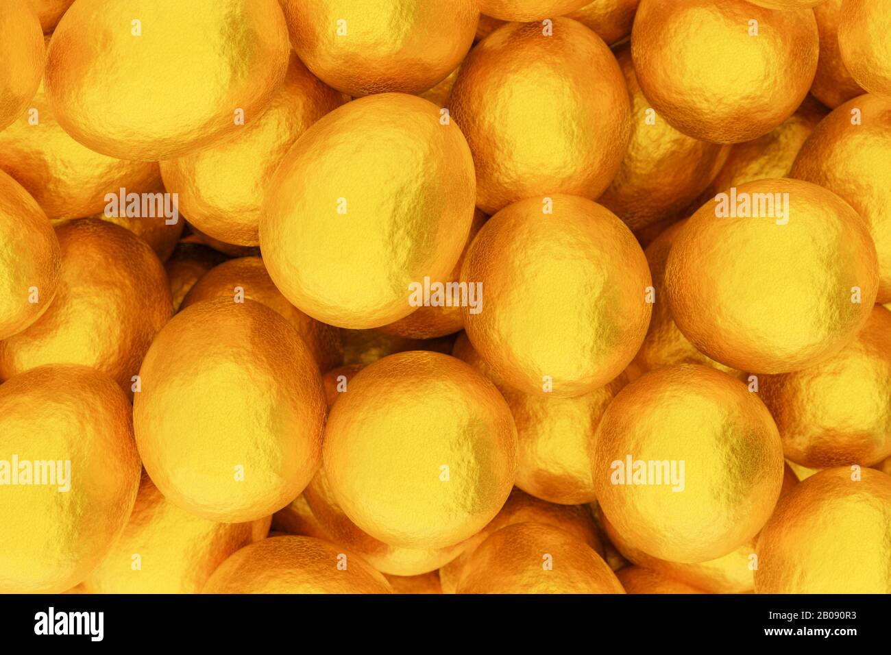 3D rendering - Happy easter card: A pile of chocolate eggs packed in golden foil shot from above. Full frame. Stock Photo