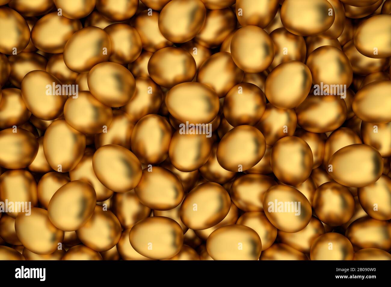 3D rendering - Happy easter card: A pile of golden easter eggs shot from above. Full frame. Stock Photo