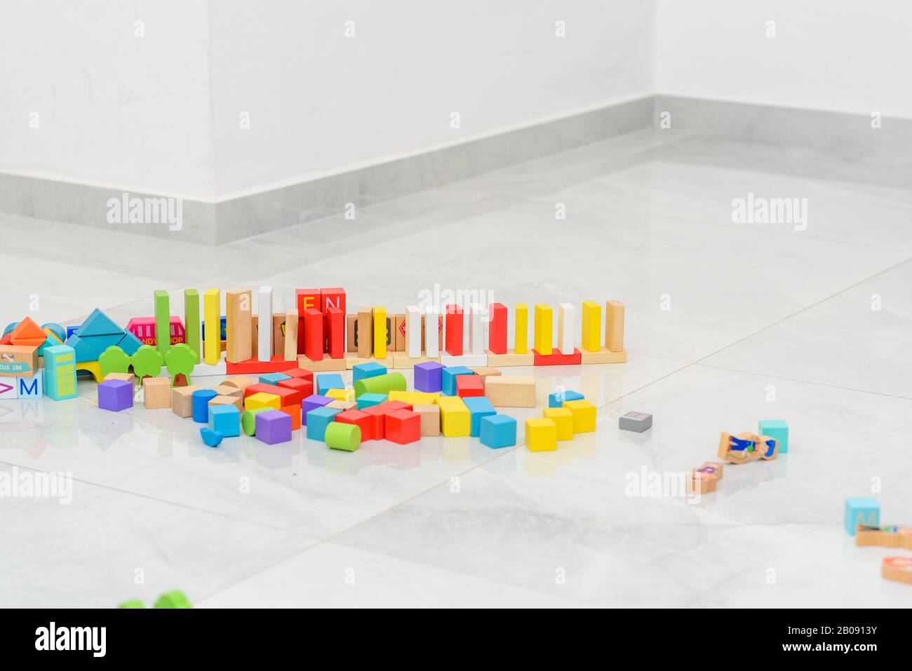 Zero waste. Plastic free wooden toys, toy building blocks. Stock Photo