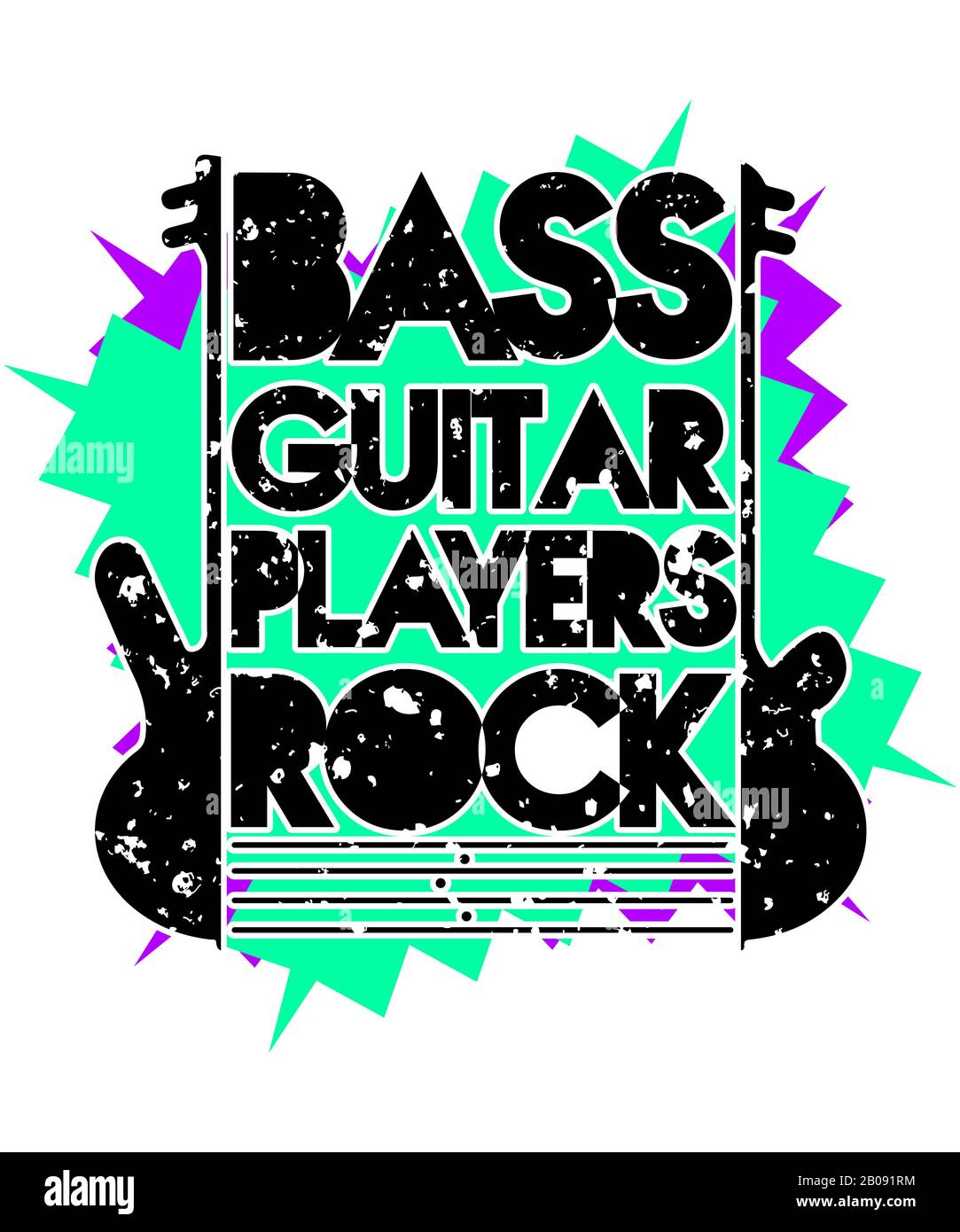 Bass guitar players rock graphic in a grunge typography design with bass guitar instruments in the illustration on a white background. Stock Photo