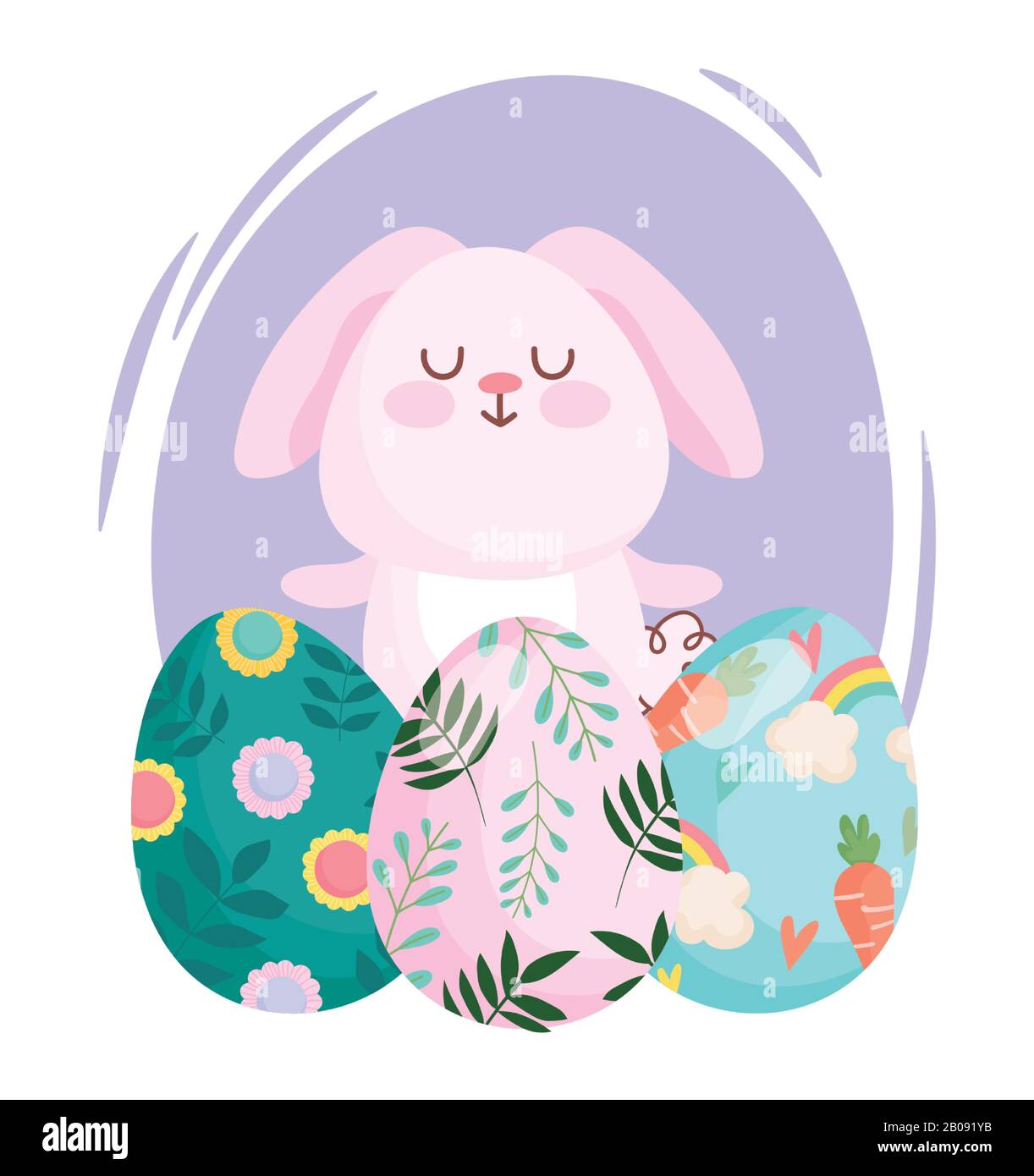 happy easter cute rabbit with painted eggs celebration season vector ...