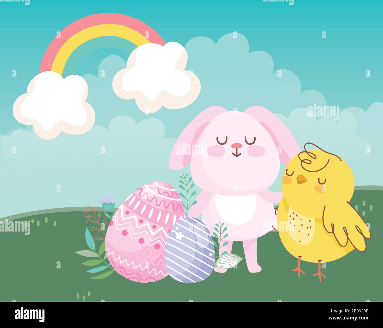 happy easter pink rabbit chicken eggs rainbow decoration vector ...