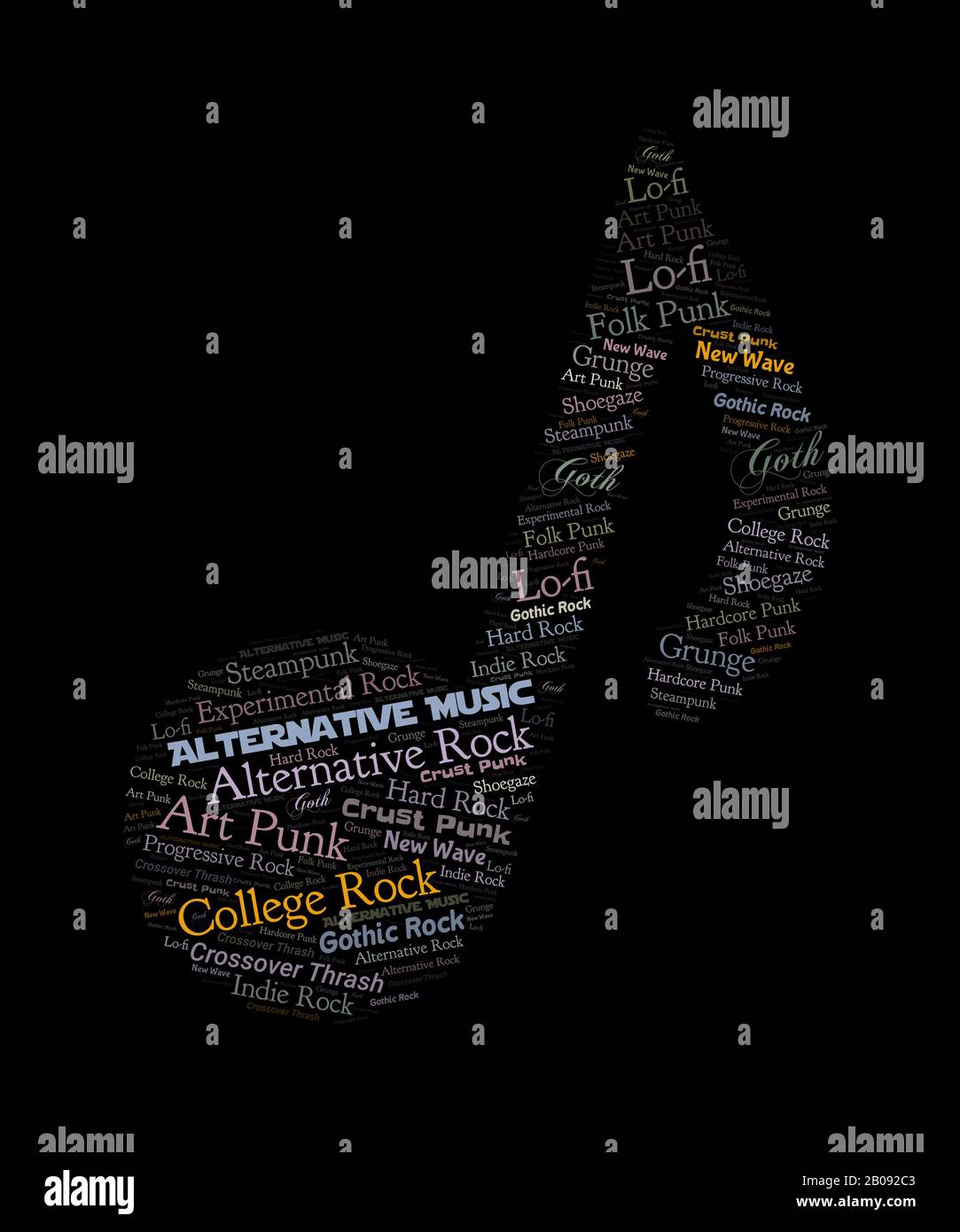 Alternative music word cloud graphic in a musical note shape.  Subgenres are: college rock, new wave, lo-fi, hardcore punk, shoegaze, crust punk. Stock Photo