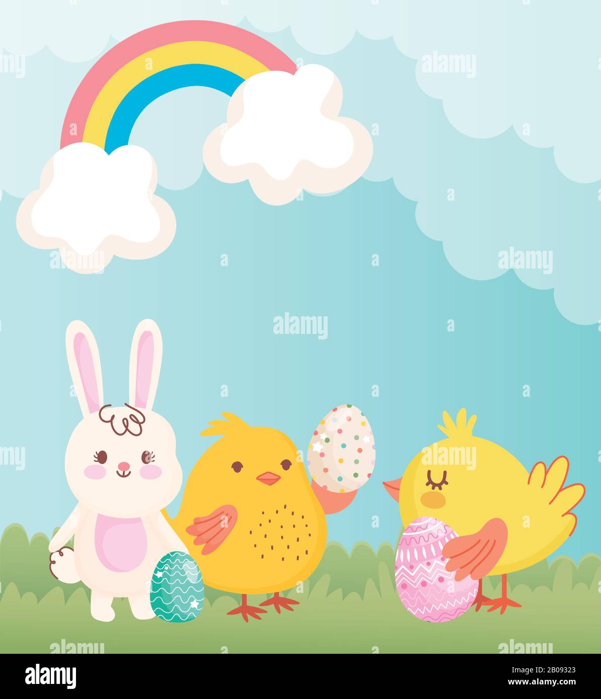 happy easter cute rabbit chickens with eggs rainbow clouds decoration ...