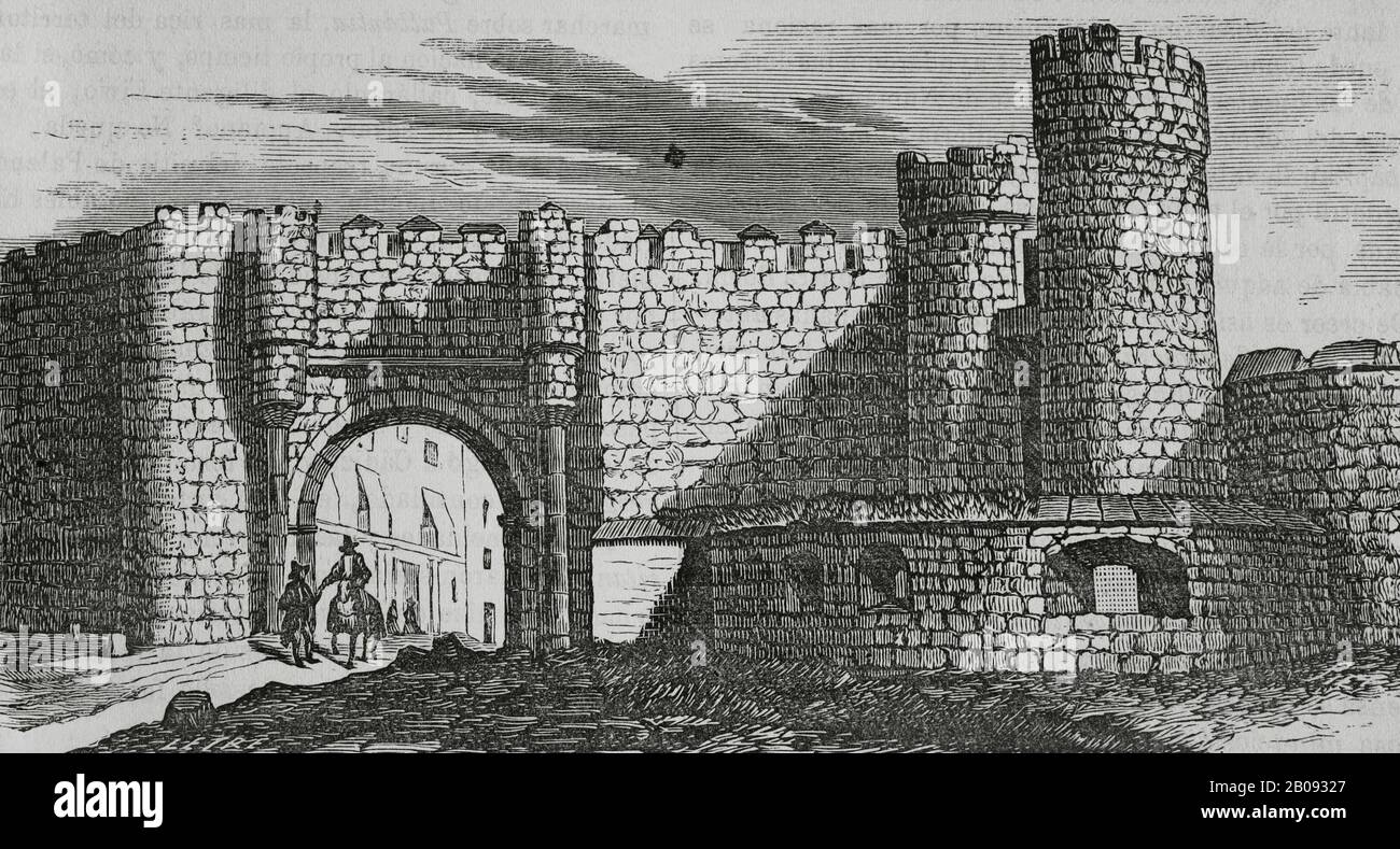 Spain, Palencia. Monzon Gate. Gate of the wall that was built to the north of the city around the year 1140, being demolished in 1868. Illustration by Letre. Engraving, 19th century. Cronica General de España, Historia Ilustrada y Descriptiva de sus Provincias. Asturias and Leon, 1867. Stock Photo