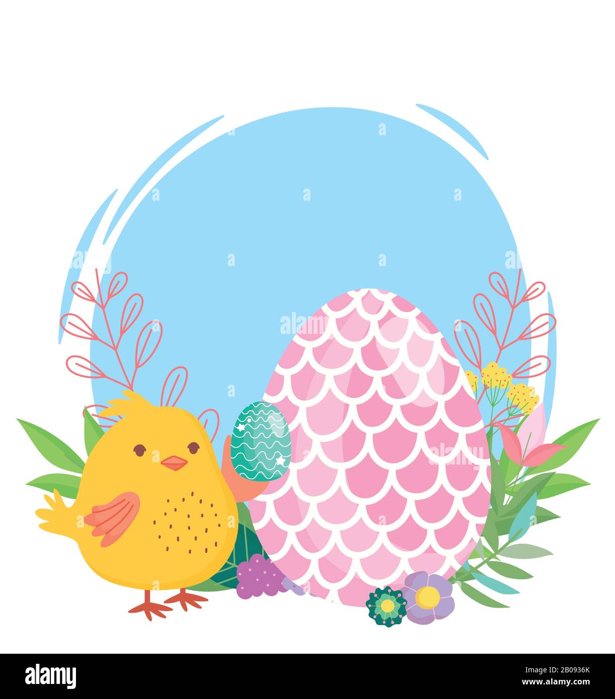 happy easter chicken and egg decorated with shape of fish scales