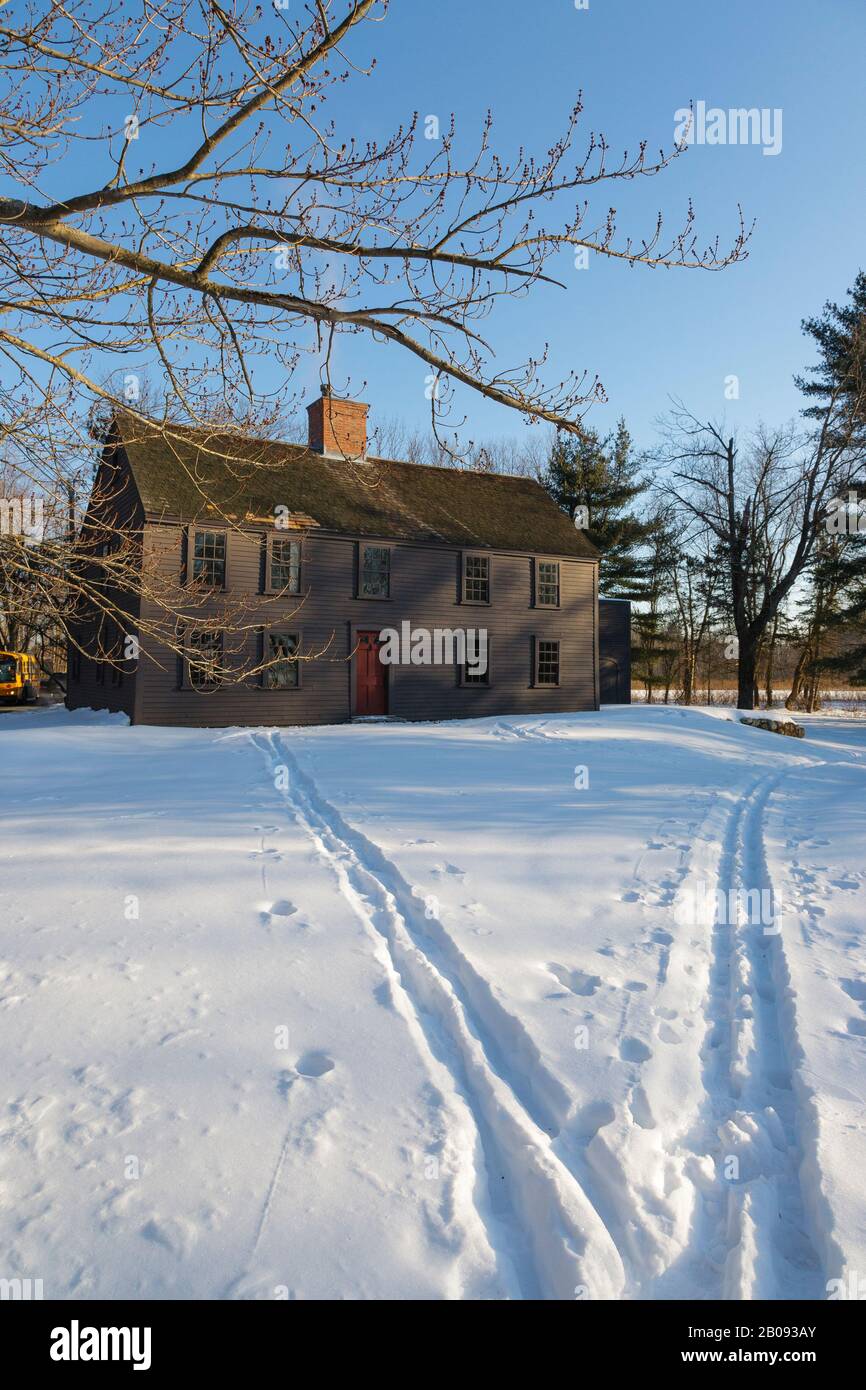 Nathan Meriam House at the junction of Lexington Road and Old Bedford Road at Minute Man National Historical Park in Concord, Massachusetts during the Stock Photo