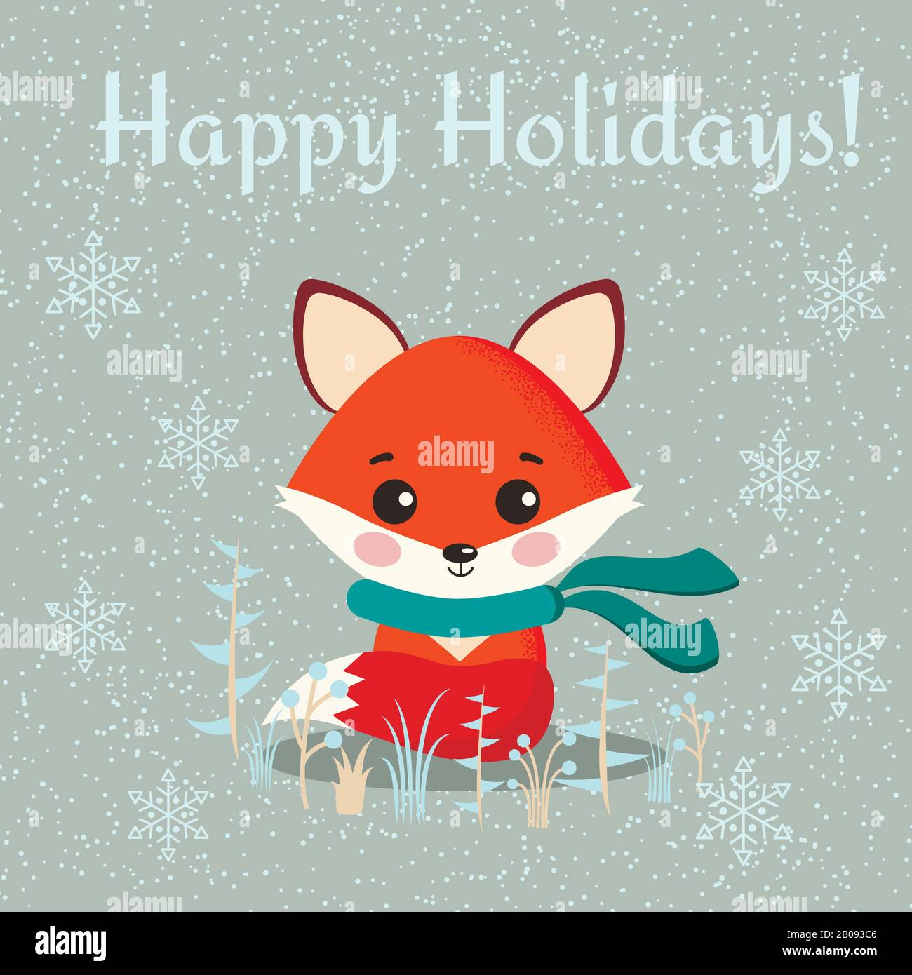 Greeting card with cute fox with scarf and wintee plants on snowy ...