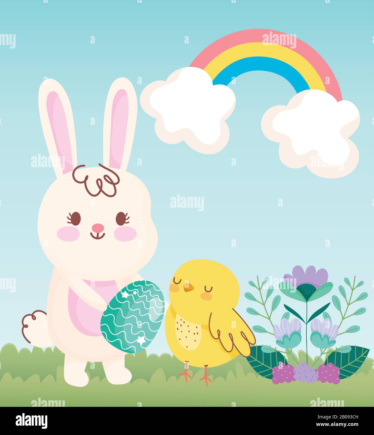 happy easter rabbit with egg chicken rainbow field flowers vector ...