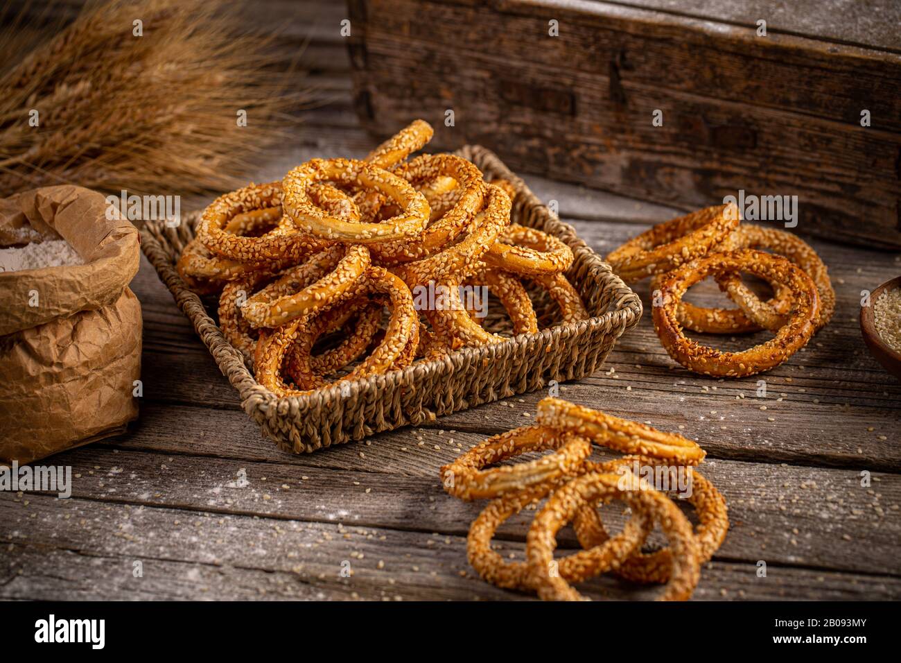 Round pretzels with sesame seeds Stock Photo Alamy