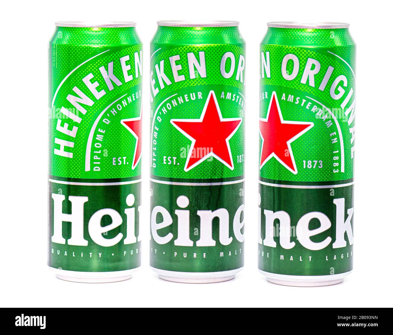 BERLIN - FEB 19: Heineken Beer in aluminum can with new Design isolated on white Background in Berlin on February 19. 2020 in Germany Stock Photo