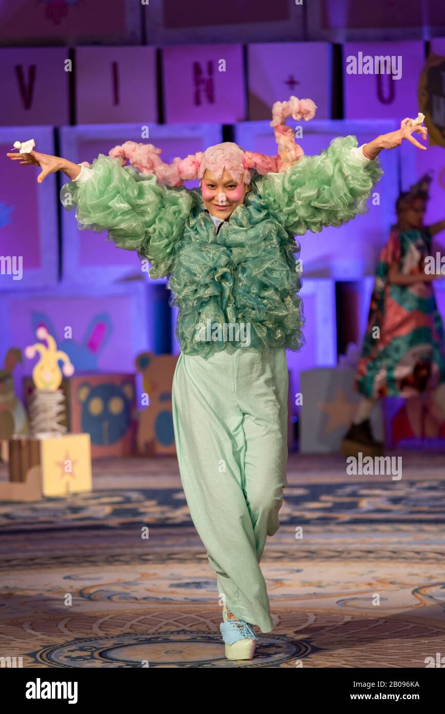 Vin and Omi London Fashion Week Resist AW20 show. Eco friendly clothing designed from recycled fabric and weeds from Highgrove estate. Model Stock Photo