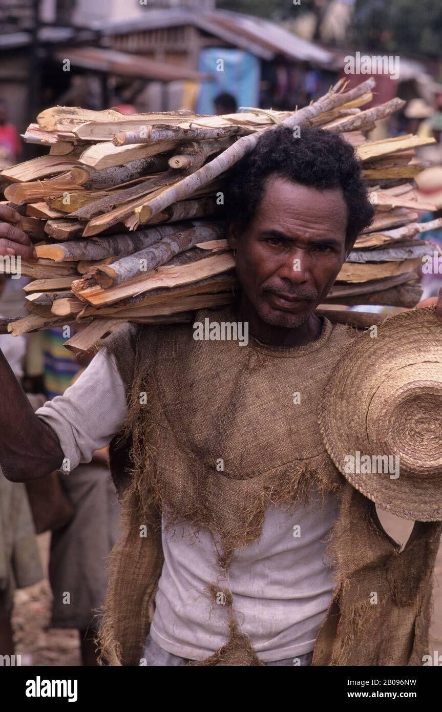 Portrait of man carrying firewood at the local farmers market in Mananjary in eastern Madagascar Stock Photo