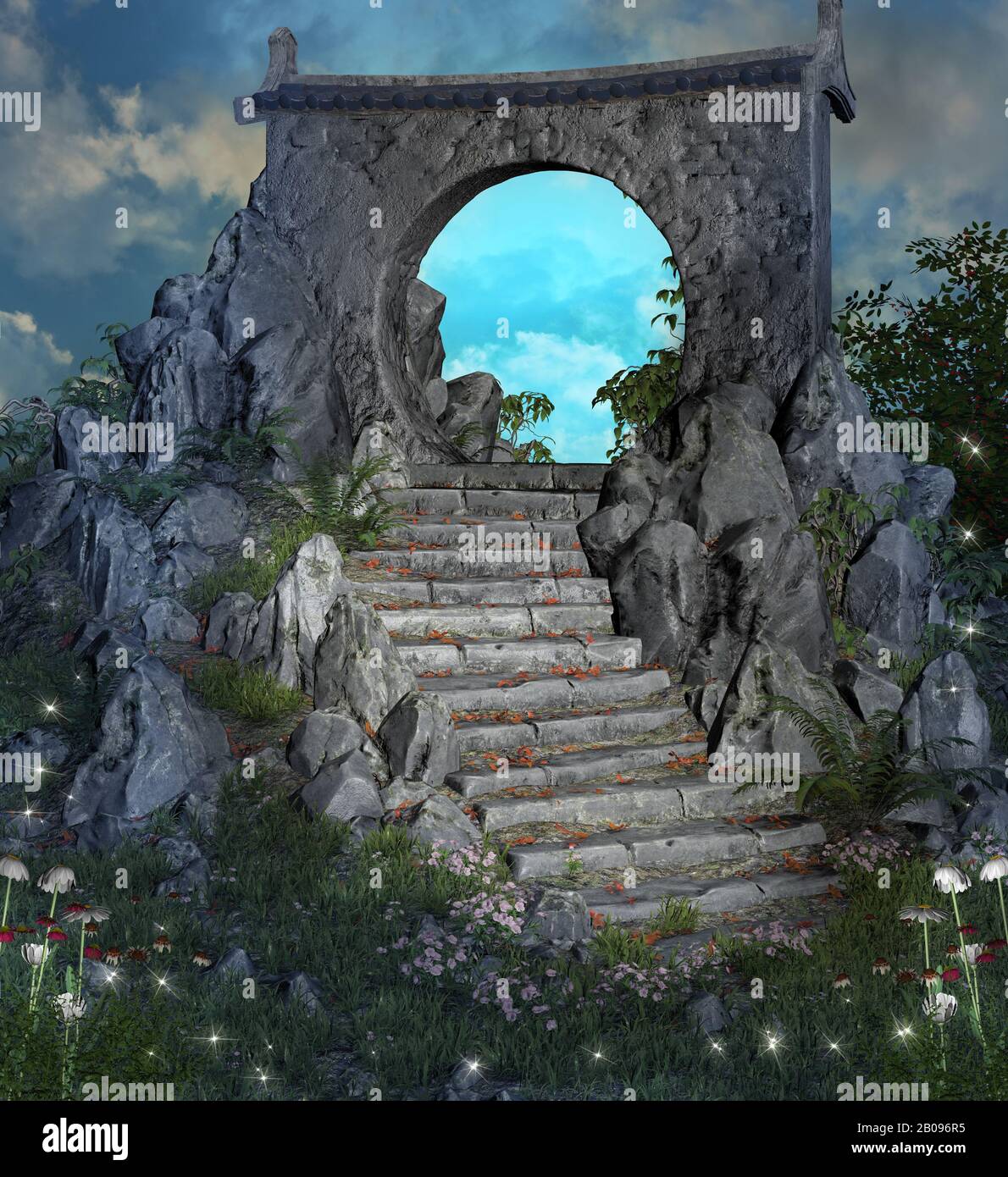Flight of stairs leading to a magic gateway at evening time Stock Photo