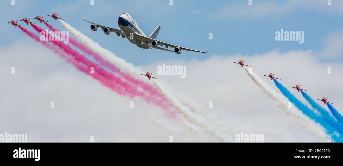 Boac Livery British Airways flypast with the Red Arrows Riat 2019. Stock Photo