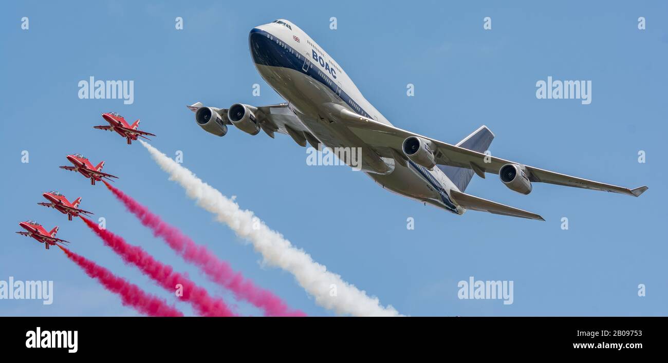 Boac Livery British Airways flypast with the Red Arrows Riat 2019. Stock Photo