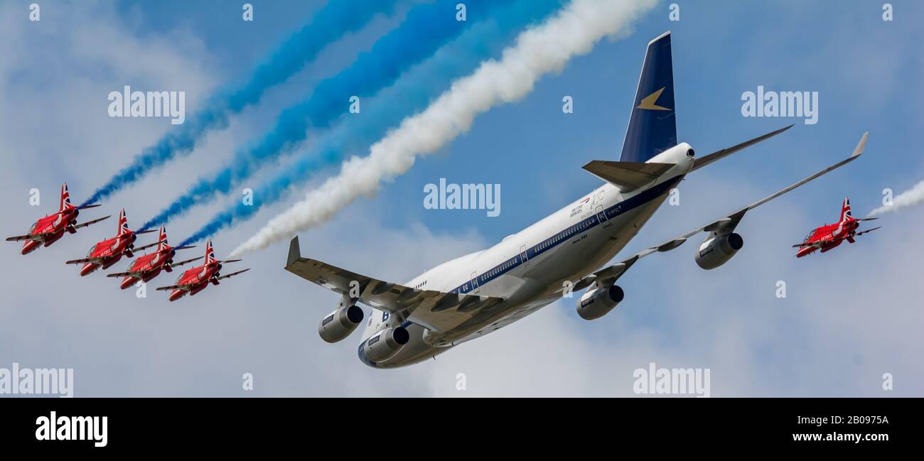 Boac Livery British Airways flypast with the Red Arrows Riat 2019. Stock Photo