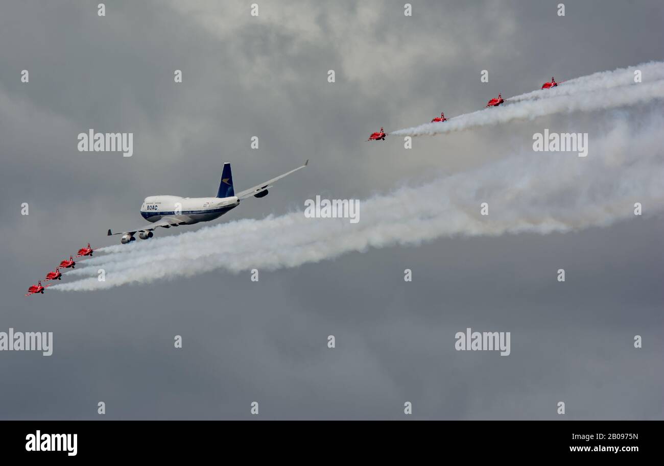 Boac Livery British Airways flypast with the Red Arrows Riat 2019. Stock Photo