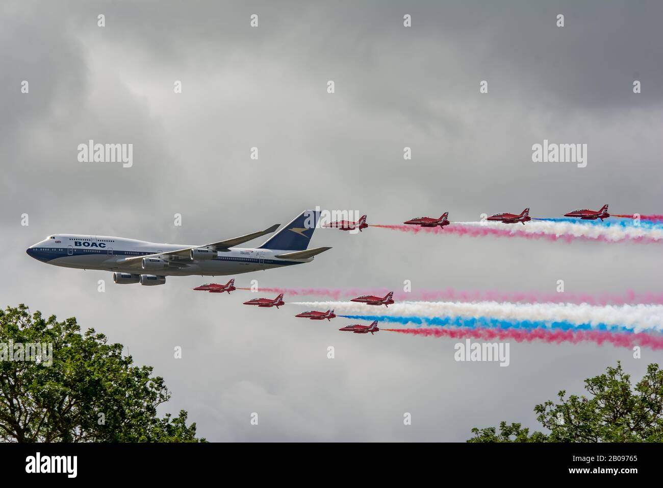 Boac Livery British Airways flypast with the Red Arrows Riat 2019. Stock Photo