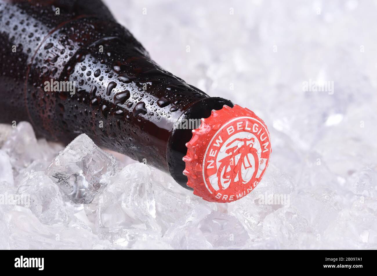 IRVINE, CALIFORNIA - December 14, 2017: Fat Tire Amber Ale bottle on ice. From the New Belgium Brewing Company, of Fort Collins, Colorado. Stock Photo