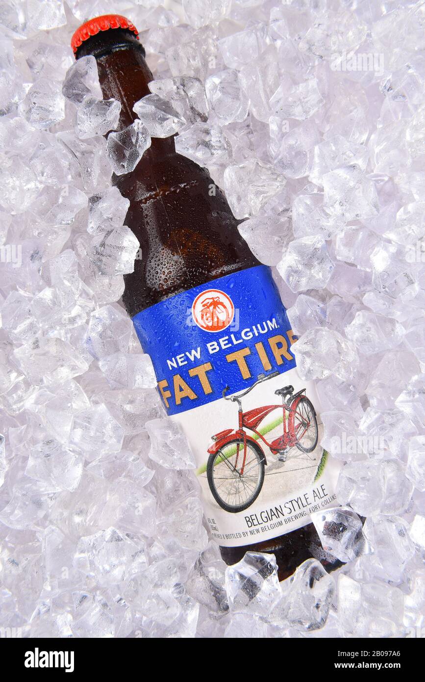 IRVINE, CALIFORNIA - MARCH 29, 2018: Fat Tire Belgian Ale in ice. From the New Belgium Brewing Company, of Fort Collins, Colorado. Stock Photo