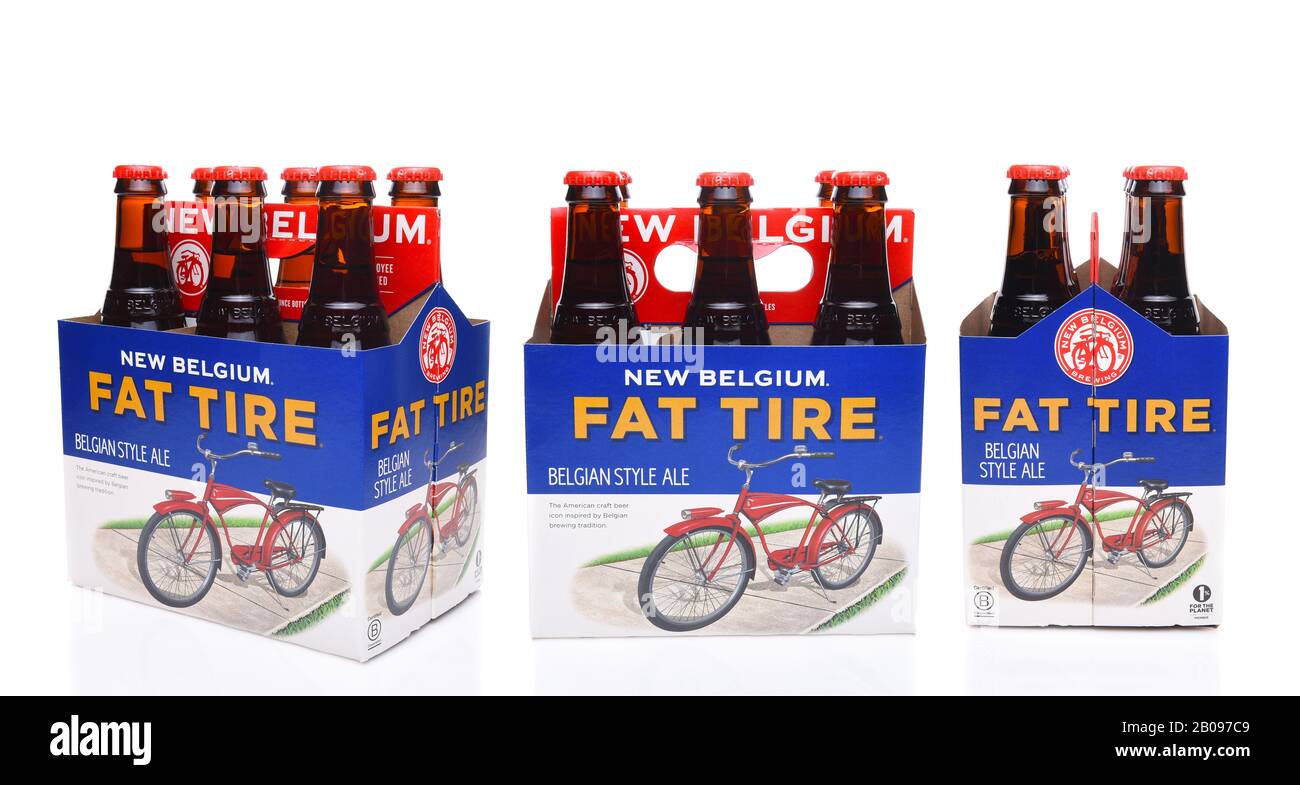 IRVINE, CALIFORNIA - December 14, 2017: Fat Tire Amber Ale 6 pack three views, end, side and 3/4. Stock Photo