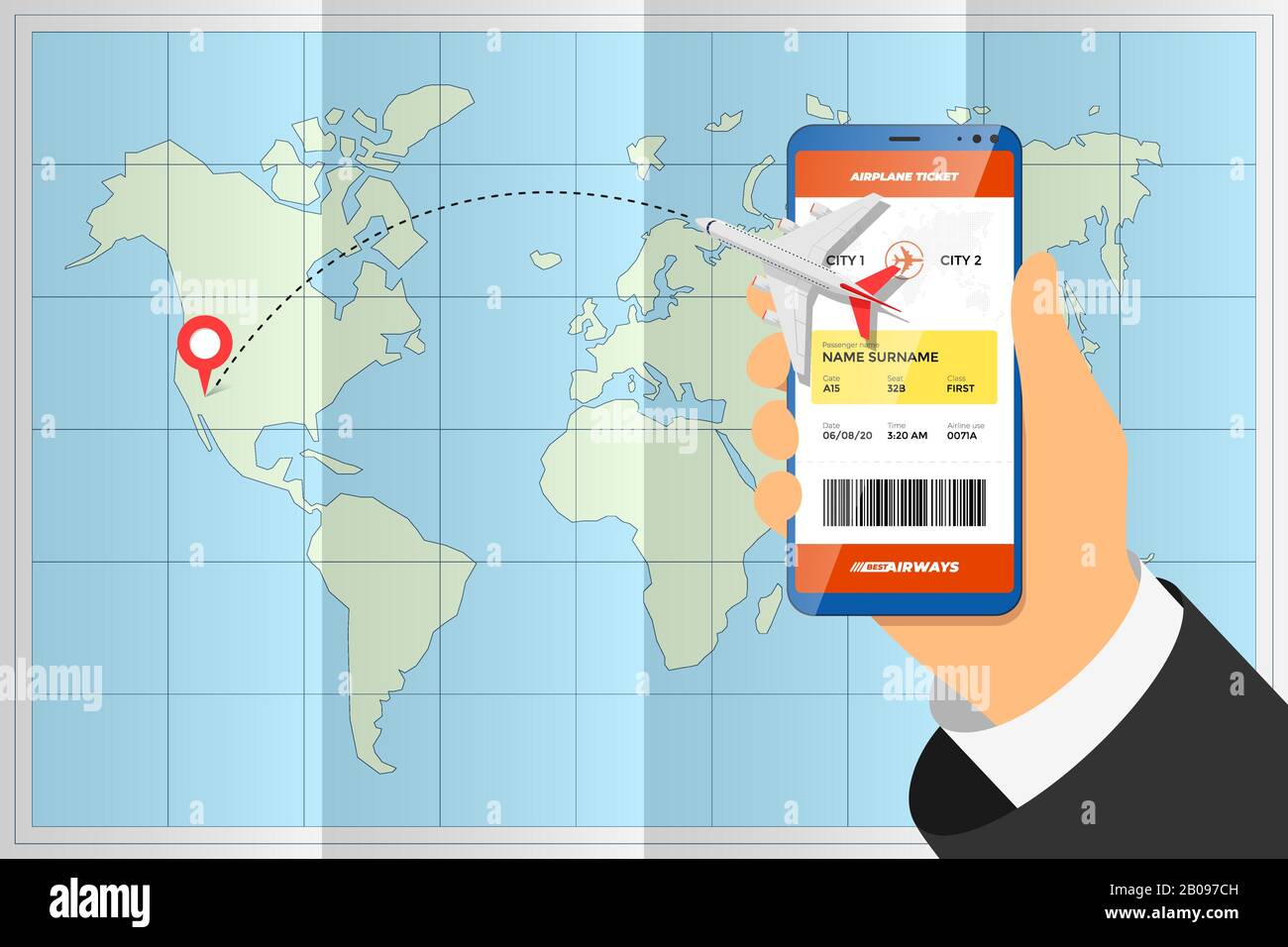 Hand holding smartphone with mobile application ordering flight ticket and airplane route on destination location pin above folded world map. Business tourism online boarding pass booking concept eps Stock Vector