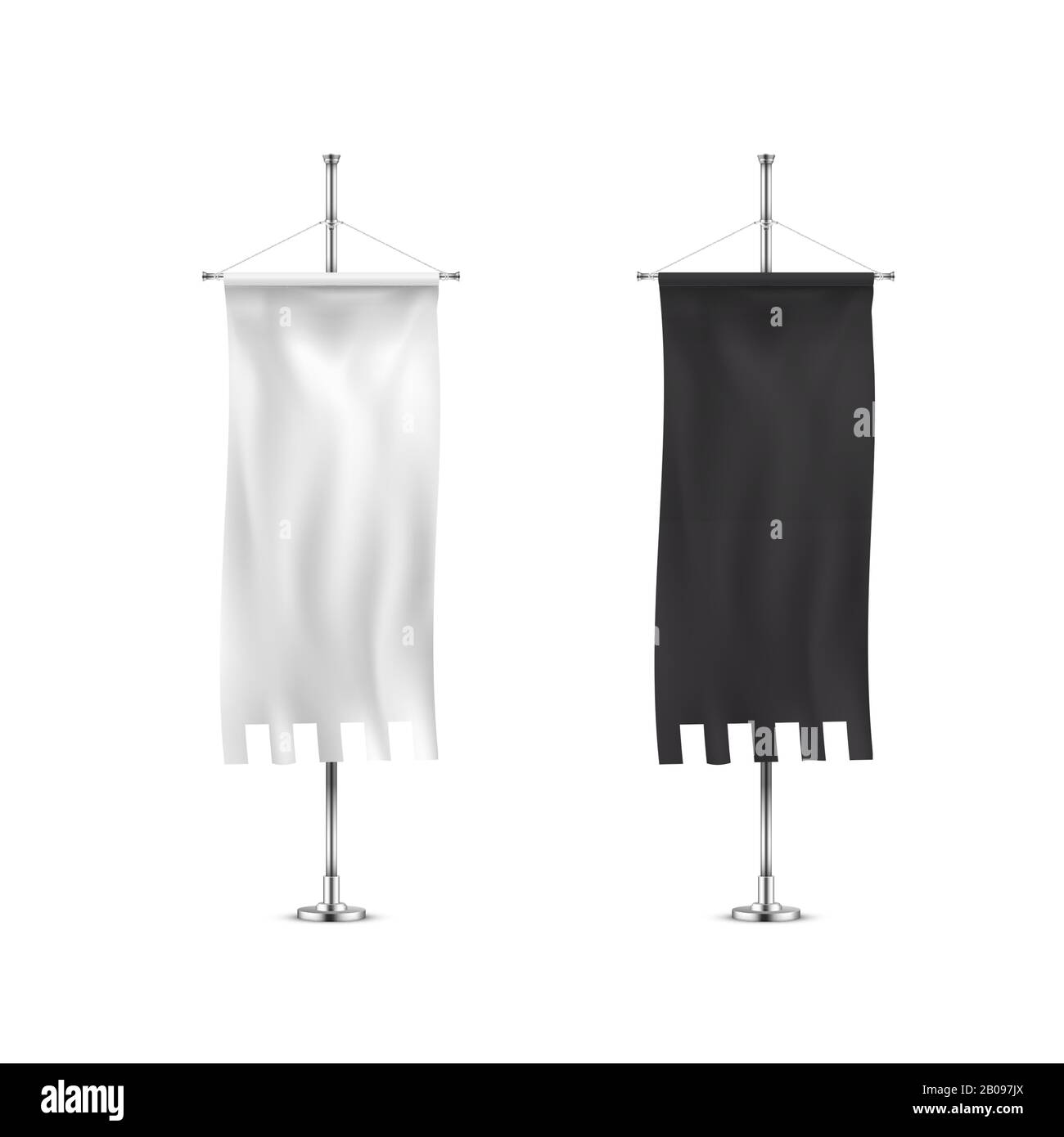 Vertical banners hanging on a metal flagpole white and black flags templates. Stock Vector